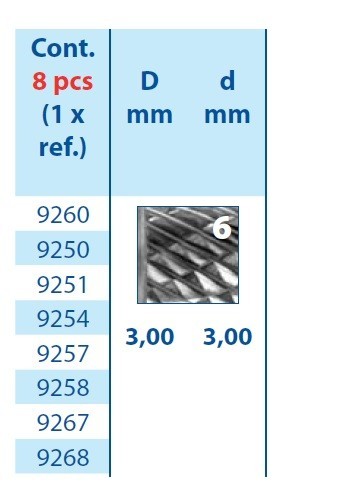 Technické frézy - rotary burrs - 8 ks v sadě - tvrdé materiály - typ 6