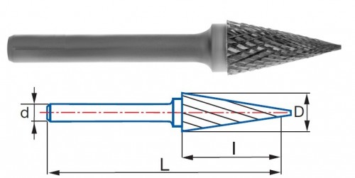 Technické frézy - rotary burrs - kuželové - krátká tříska - typ 4