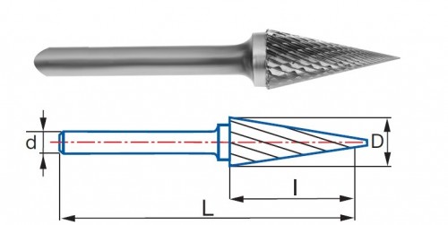 Technické frézy - rotary burrs - kuželové - tvrdé materiály - typ 6