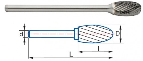 Technické frézy - rotary burrs - oválné - tvrdé materiály - typ 6 - DLOUHÉ