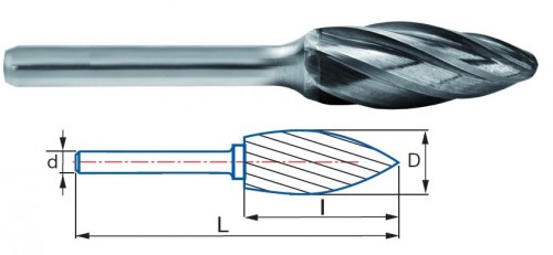 Technické frézy - rotary burrs - plaménkové - na neželezné materiály - typ 1