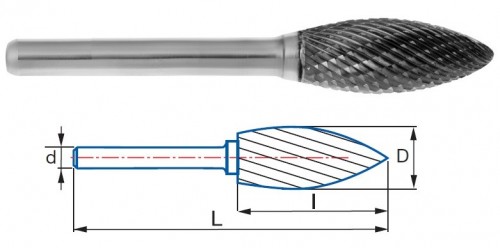 Technické frézy - rotary burrs - plaménkové - tvrdé materiály - typ 6