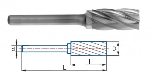 Technické frézy - rotary burrs - válcové s čelním břitem - na neželezné materiály - typ 1