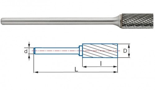 Technické frézy - rotary burrs - válcové s čelním břitem - tvrdé materiály - typ 6 - DLOUHÉ