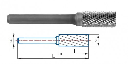Technické frézy - rotary burrs - válcové s čelním břitem - tvrdé materiály - typ 6
