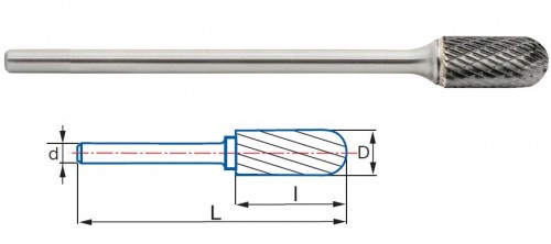 Technické frézy - rotary burrs - válcové s rádiusem - tvrdé materiály - typ 6 - DLOUHÉ