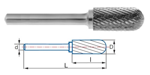 Technické frézy - rotary burrs - válcové s rádiusem - tvrdé materiály - typ 6