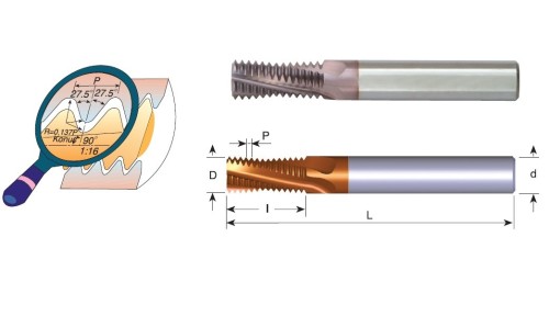Tvrdokovové závitovací frézy pro vnitřní i vnější BSPT (RC) 55° závity