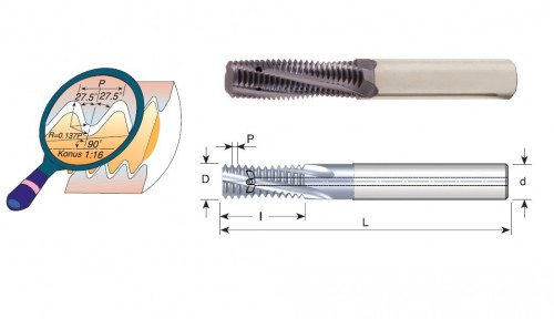 Tvrdokovové závitovací frézy pro vnitřní i vnější BSPT (RC) 55° závity s vnitřním chlazením s vývodem na břit
