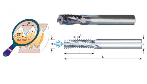 Tvrdokovové závitovací frézy pro vnitřní i vnější GAS (BSP) 55° závity s vnitřním chlazením