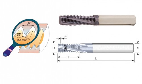 Tvrdokovové závitovací frézy pro vnitřní i vnější GAS (BSP) 55° závity s vnitřním chlazením s vývodem na břit