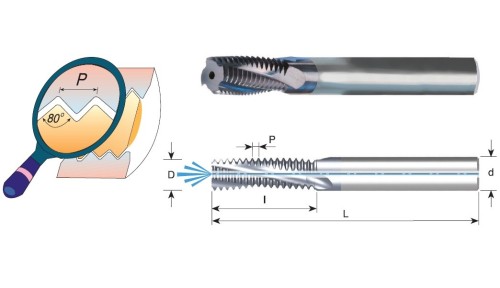 Tvrdokovové závitovací frézy pro vnitřní i vnější PG 80° závity s vnitřním chlazením - DIN40430