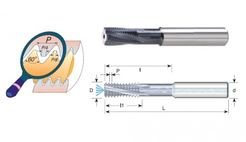 Tvrdokovové závitovací frézy pro vnitřní metrické (M) závity ISO s vnitřním chlazením s odlehčením pro hluboké závity