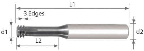 Tvrdokovové závitovací mikrofrézy pro vnitřní metrické (M) závity ISO - odlehčené do hloubky 2xD - 55HRc