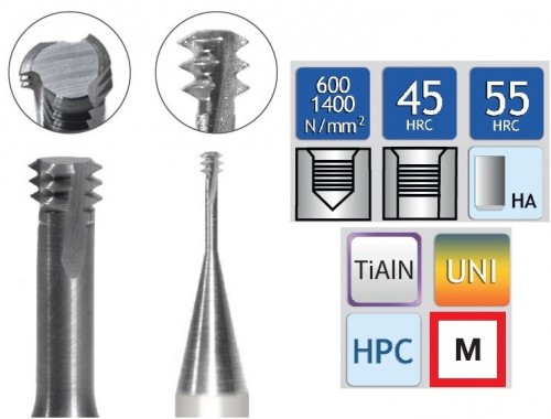 Tvrdokovové závitovací mikrofrézy pro vnitřní metrické (M) závity ISO - odlehčené do hloubky 2xD - 55HRc