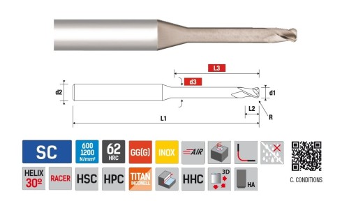 Univerzální 2-BŘITÉ rádiusové frézy do 62HRc - dlouhý krk 30°