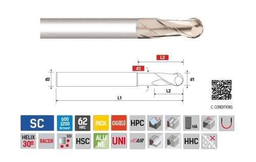 Univerzální 2-BŘITÉ kulové frézy do 62HRc - dlouhé 30°