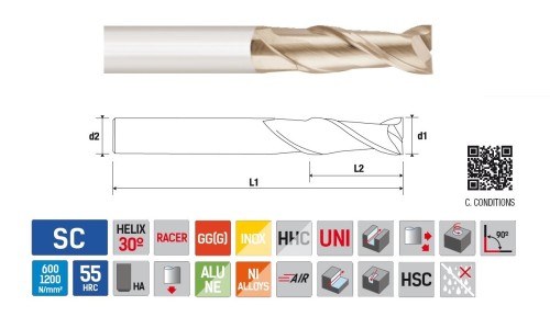 Univerzální 2-BŘITÉ rovné frézy do 55HRc - 30°