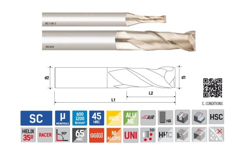 Univerzální 2-BŘITÉ rovné frézy do 65HRc - 35°