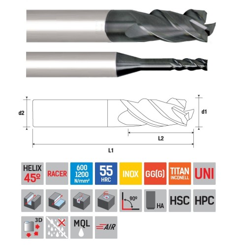 Univerzální 3-BŘITÉ frézy do 55HRc - 45°
