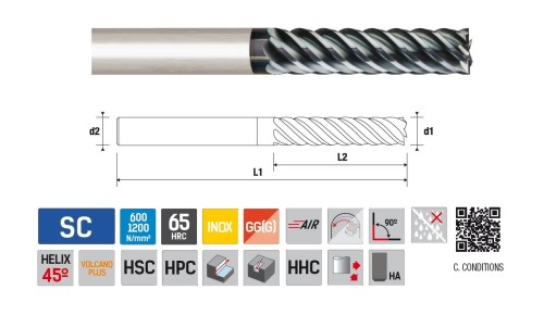 Univerzální 4-6-BŘITÉ rovné frézy do 65HRc - dlouhé 45°