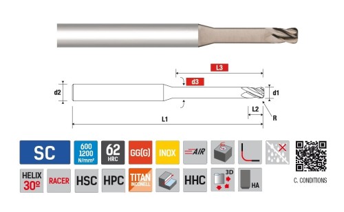 Univerzální 4-BŘITÉ rádiusové frézy do 62HRc - dlouhý krk 30°