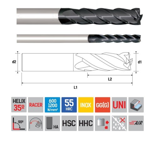 Univerzální 4-BŘITÉ frézy do 55HRc - 35° dlouhé