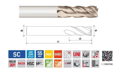 Univerzální 4-BŘITÉ rovné frézy do 55HRc - 30°