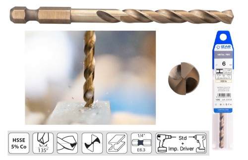 VRTÁK HSSE 5% Co s 1/4" šestihrannou stopkou E6.3 - na nerez, ocel, titan