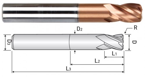 VYSOCE KVALITNÍ RÁDIUSOVÉ (TOROIDNÍ) - 4-BŘITÉ FRÉZY - KRÁTKÉ HRC70