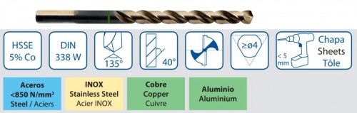 Vrtáky HSSE 5%Co 135° - broušené DIN338W NA ZÁVĚSNÉ LIŠTĚ 100 CM