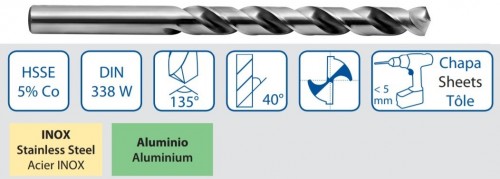 Vrtáky HSSE 5%Co 135° pro ruční vrtačky - h8, broušené  DIN338W - NA NEREZ SPEED MAX NA ZÁVĚSNÉ LIŠTĚ 100 CM