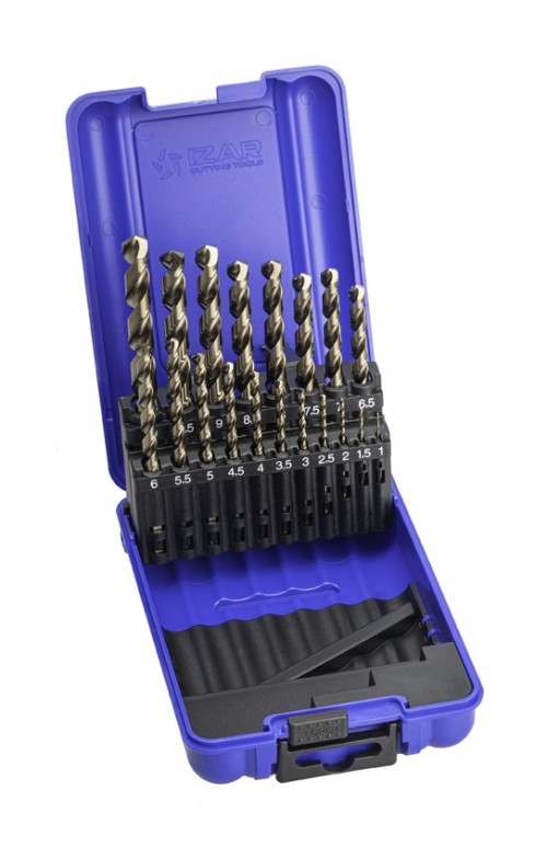 Vrtáky HSSE 5%Co 135° pro ruční vrtačky v sadě 19 KS (ROZSAH 1-10 PO 0,5 MM) - h8, broušené, 3hranná stopka pro sklíčidla DIN338W - MULTI NEREZ BOROA