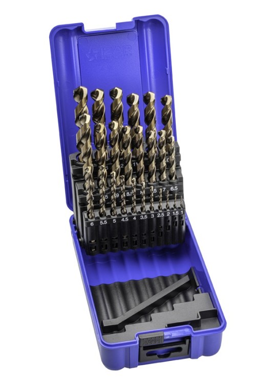 Vrtáky HSSE 5%Co 135° pro ruční vrtačky v sadě 25 KS (ROZSAH 1-13 PO 0,5 MM) - h8, broušené, 3hranná stopka pro sklíčidla DIN338W - MULTI NEREZ BOROA