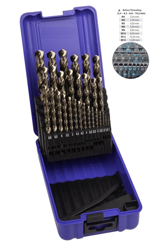 Vrtáky HSSE 5%Co 135° pro ruční vrtačky v sadě 29 KS (4 podzávit EXTRA 3,3-4,2-6,8-10,2 mm) (ROZSAH 1-13 PO 0,5 MM) - h8, broušené, 3hranná stopka pro sklíčidla DIN338W - MULTI NEREZ BOROA