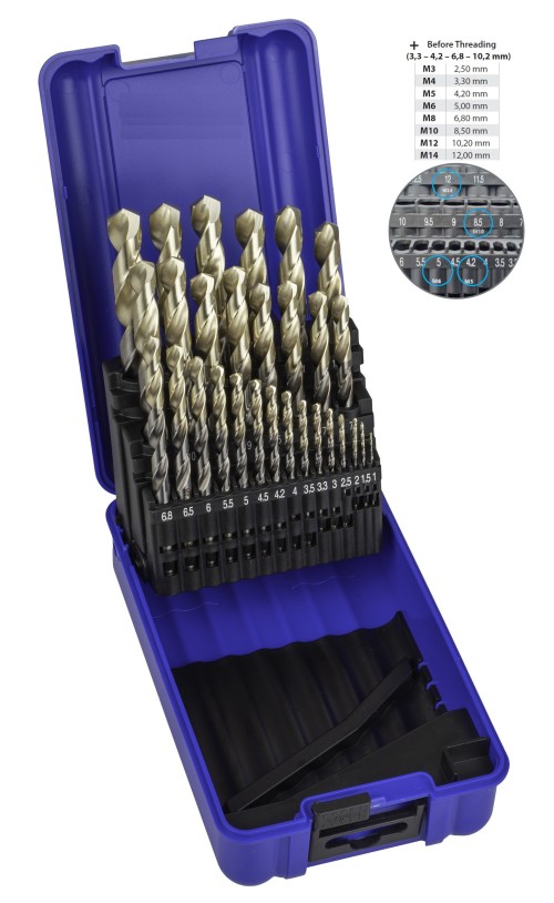 Vrtáky HSS 130° Zirkonio v sadě 29 KS (4 podzávit EXTRA 3,3-4,2-6,8-10,2 mm) (ROZSAH 1-13 PO 0,5 MM) - h8, broušené DIN338N, poslední generace povlaku ZIRKONIO od PVD