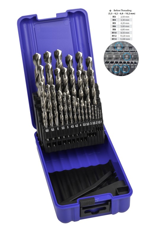 Vrtáky HSS+TIALSIN 130° pro ruční vrtačky v sadě 29 KS (4 podzávit EXTRA 3,3-4,2-6,8-10,2 mm) (ROZSAH 1-13 PO 0,5 MM) - h8, broušené DIN338N, povlak TIALSIN zvyšuje odolnost proti opotřebení o 35%!