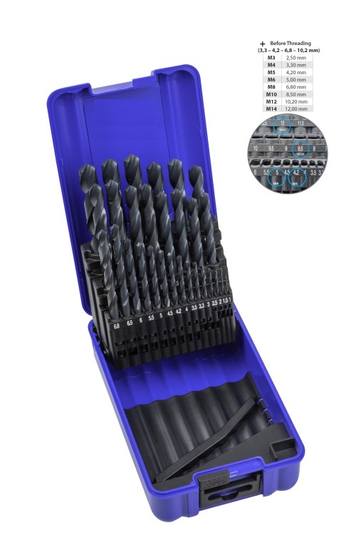 Vrtáky HSS+TIN 118° v sadě 29 KS (4 podzávit EXTRA 3,3-4,2-6,8-10,2 mm) (ROZSAH 1-13 PO 0,5 MM) - h8, broušené DIN338N - KLASIKA OBECNÉ POUŽITÍ