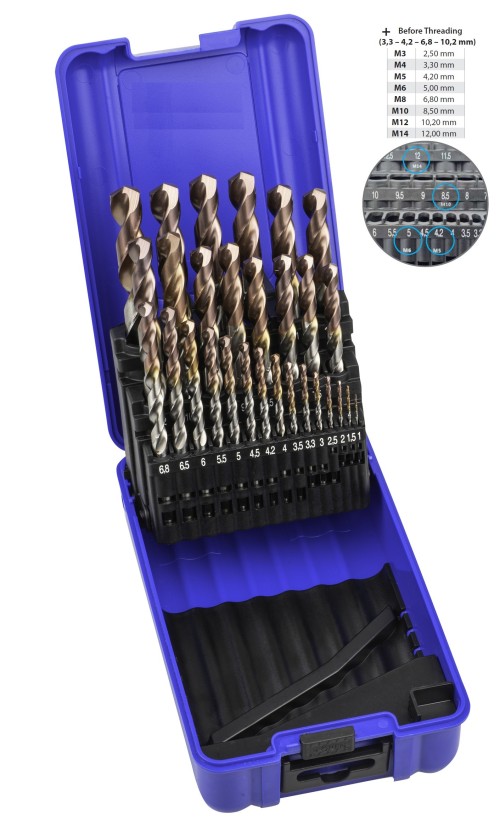 Vrtáky HSS v sadě 29 KS (4 podzávit EXTRA 3,3-4,2-6,8-10,2 mm) (ROZSAH 1-13 PO 0,5 MM) - VRTÁKY HSSE 5%Co S POVLAKEM - MULTIFUNKČNÍ DIN338