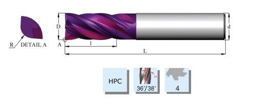 Vysoce výkonné 4-břité frézy s rádiusem - HPC obrábění, 36/38° do 58 HRc