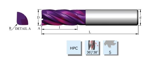 Vysoce výkonné 5-břité frézy s rádiusem - HPC obrábění, 36/38° do 48 HRc