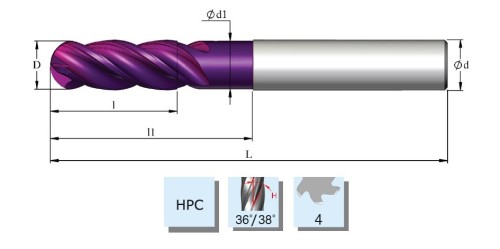 Vysoce výkonné kulové 4-břité frézy s odlehčením - HPC obrábění, 36/38° do 58 HRc