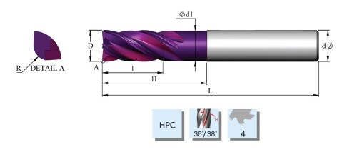 Vysoce výkonné rádiusové 4-břité frézy s odlehčením - HPC obrábění, 36/38° do 58 HRc
