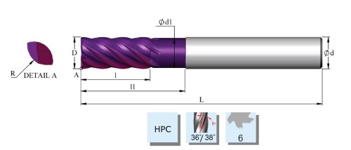 Vysoce výkonné rádiusové 6-břité frézy s odlehčením - HPC obrábění, 36/38° do 58 HRc