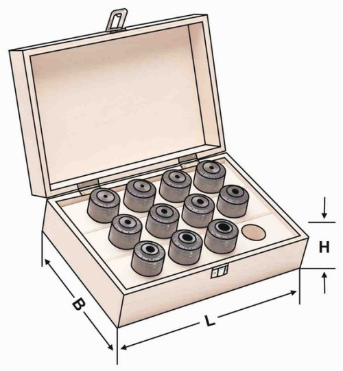ZÁVITOVACÍ ADAPTÉRY SE SPOJKOU V SADĚ V DŘEVENÉM BOXU