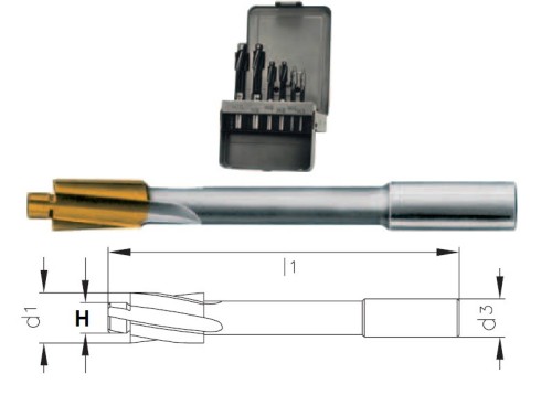 Záhlubníky pod hlavy šroubů DIN373 HSSE+TIN PRO PRŮCHOZÍ OTVOR - z9/e8 pilot, tolerance stopky = h9 v sadě M3+M4+M5+M6+M8+M10. Průchozí otvor jemný-FINE