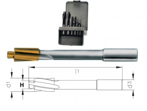 Záhlubníky pod hlavy šroubů DIN373 HSSE+TIN PRO PRŮCHOZÍ OTVOR - z9/e8 pilot, tolerance stopky = h9 v sadě M3+M4+M5+M6+M8+M10