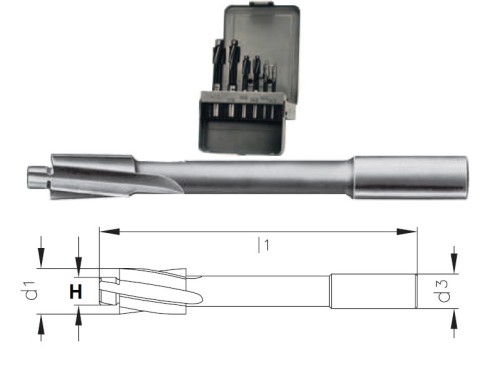 Záhlubníky pod hlavy šroubů DIN373 HSS PRO PRŮCHOZÍ OTVOR - z9/e8 pilot, tolerance stopky = h9 v sadě M3+M4+M5+M6+M8+M10, Průchozí otvor jemný-FINE