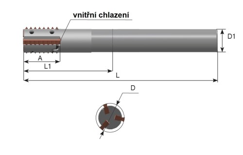 Závitové stopkové frézy s přímými drážkami s chlazením KARBIDOVÉ